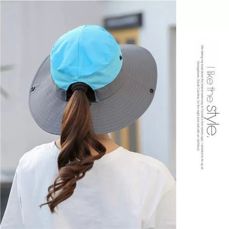 Ponytail Women Summer Sun Bucket Hats UV Hiking Wide Brim Beach Foldable Mesh Fishing Cap - Oshi.pk - Buy & Sell Online