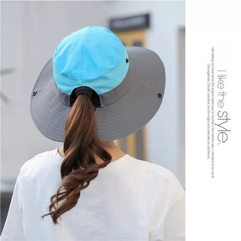 Ponytail Women Summer Sun Bucket Hats UV Hiking Wide Brim Beach Foldable Mesh Fishing Cap - Oshi.pk - Buy & Sell Online