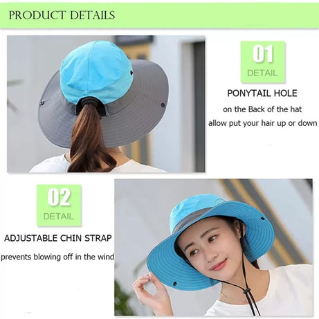 Ponytail Women Summer Sun Bucket Hats UV Hiking Wide Brim Beach Foldable Mesh Fishing Cap - Oshi.pk - Buy & Sell Online