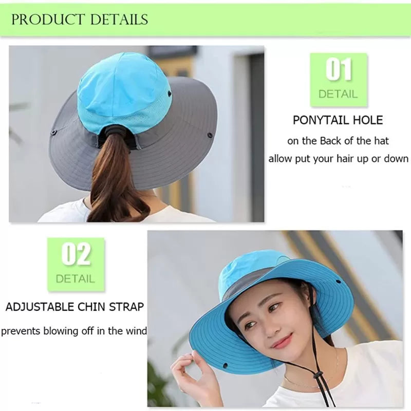 Ponytail Women Summer Sun Bucket Hats UV Hiking Wide Brim Beach Foldable Mesh Fishing Cap - Oshi.pk - Buy & Sell Online