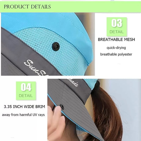 Ponytail Women Summer Sun Bucket Hats UV Hiking Wide Brim Beach Foldable Mesh Fishing Cap - Oshi.pk - Buy & Sell Online