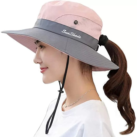 Ponytail Women Summer Sun Bucket Hats UV Hiking Wide Brim Beach Foldable Mesh Fishing Cap - Oshi.pk - Buy & Sell Online