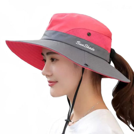Ponytail Women Summer Sun Bucket Hats UV Hiking Wide Brim Beach Foldable Mesh Fishing Cap - Oshi.pk - Buy & Sell Online