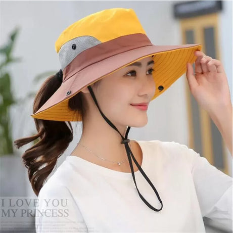 Ponytail Women Summer Sun Bucket Hats UV Hiking Wide Brim Beach Foldable Mesh Fishing Cap - Oshi.pk - Buy & Sell Online