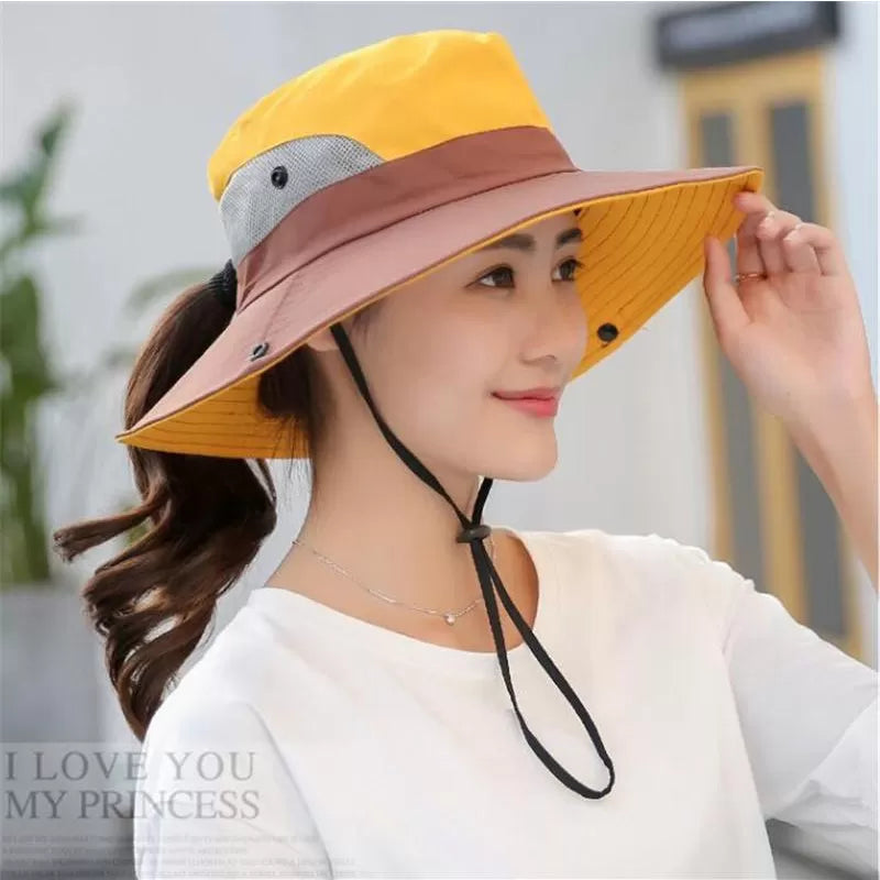 Ponytail Women Summer Sun Bucket Hats UV Hiking Wide Brim Beach Foldable Mesh Fishing Cap - Oshi.pk - Buy & Sell Online