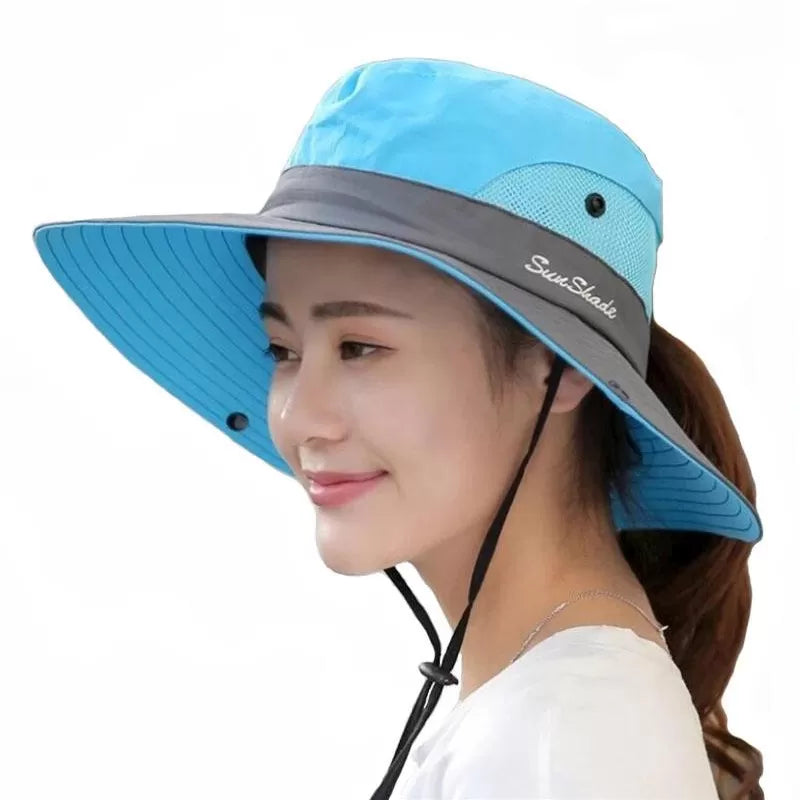 Ponytail Women Summer Sun Bucket Hats UV Hiking Wide Brim Beach Foldable Mesh Fishing Cap - Oshi.pk - Buy & Sell Online