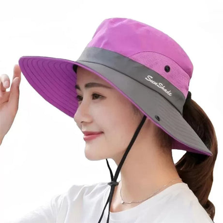 Ponytail Women Summer Sun Bucket Hats UV Hiking Wide Brim Beach Foldable Mesh Fishing Cap - Oshi.pk - Buy & Sell Online