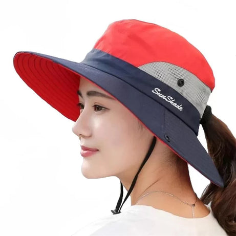 Ponytail Women Summer Sun Bucket Hats UV Hiking Wide Brim Beach Foldable Mesh Fishing Cap - Oshi.pk - Buy & Sell Online