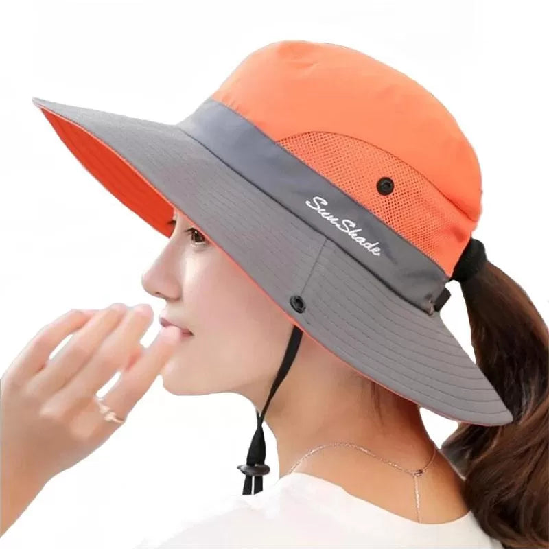 Ponytail Women Summer Sun Bucket Hats UV Hiking Wide Brim Beach Foldable Mesh Fishing Cap - Oshi.pk - Buy & Sell Online