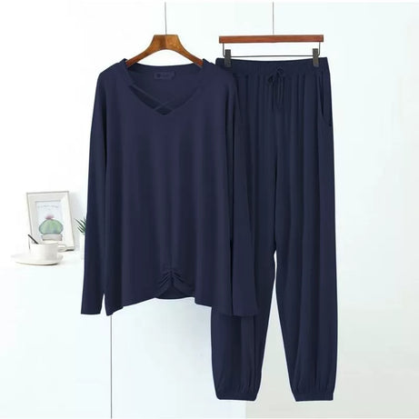 Women's V-neck Loose Long Sleeve Elegant Soft Home Wear (Blue) - Oshi.pk - Buy & Sell Online