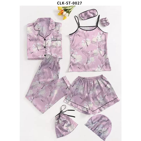 7pcs Floral Print Satin Pajama Set (Design-22) - Oshi.pk - Buy & Sell Online