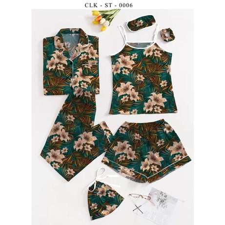 7pcs Floral Print Satin Pajama Set (Design-34) - Oshi.pk - Buy & Sell Online