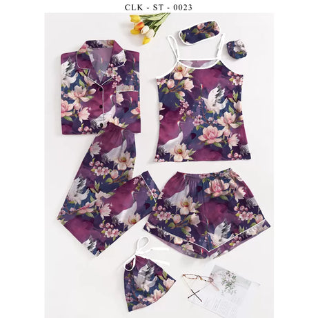 7pcs Floral Print Satin Pajama Set (Design-35) - Oshi.pk - Buy & Sell Online