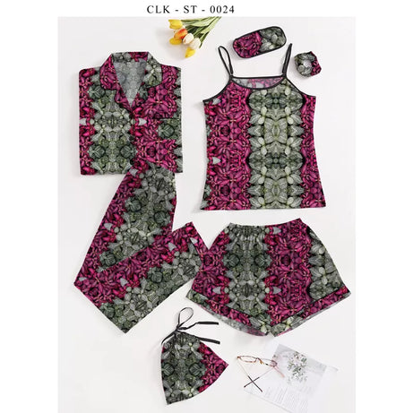 7pcs Floral Print Satin Pajama Set (Design-39) - Oshi.pk - Buy & Sell Online