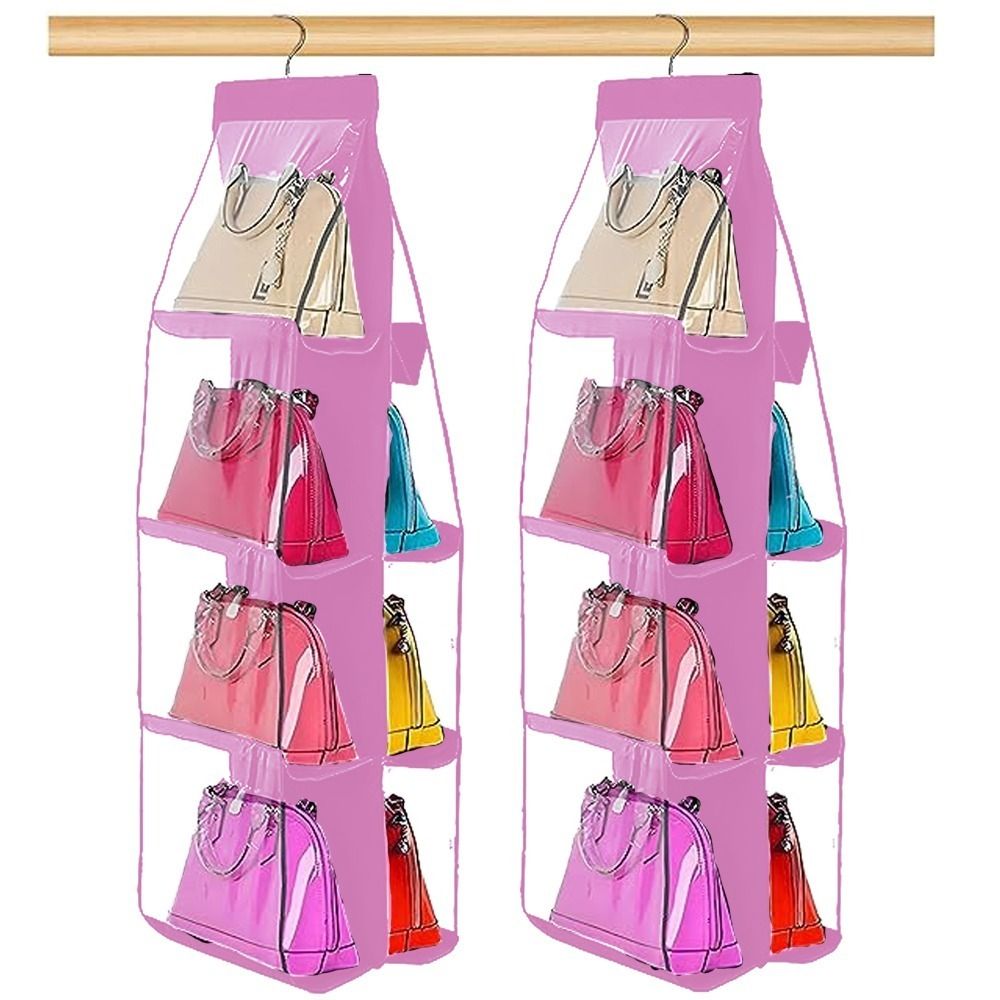 8 Pockets Hanging Purse Handbag Organizer with Stainless Steel Hook Clear Hanging Shelf Bag Storage Holder-Pack of 2 - Oshi.pk - Buy & Sell Online