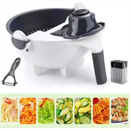 9 in 1 Multifunction Magic Rotate Vegetable Cutter with Drain Basket, New Veggie Mandoline Slicer Grater Shredder, Food Strainer Fruit Colander