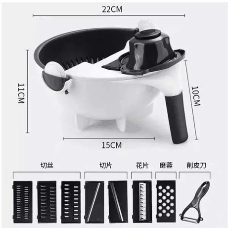 9 in 1 Multifunction Magic Rotate Vegetable Cutter with Drain Basket, New Veggie Mandoline Slicer Grater Shredder, Food Strainer Fruit Colander