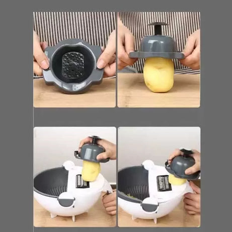 9 in 1 Multifunction Magic Rotate Vegetable Cutter with Drain Basket, New Veggie Mandoline Slicer Grater Shredder, Food Strainer Fruit Colander