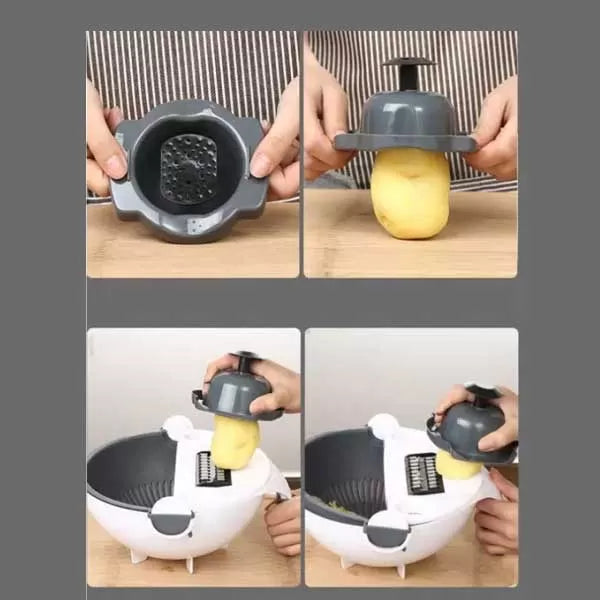 9 in 1 Multifunction Magic Rotate Vegetable Cutter with Drain Basket, New Veggie Mandoline Slicer Grater Shredder, Food Strainer Fruit Colander