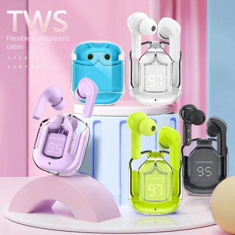 Air31 Wireless Earbuds Transparent with Deep Bass & Battery Display TWS Wireless Bluetooth Earphones AirPod AirBuds Built-in Charging Compartment - Oshi.pk - Buy & Sell Online