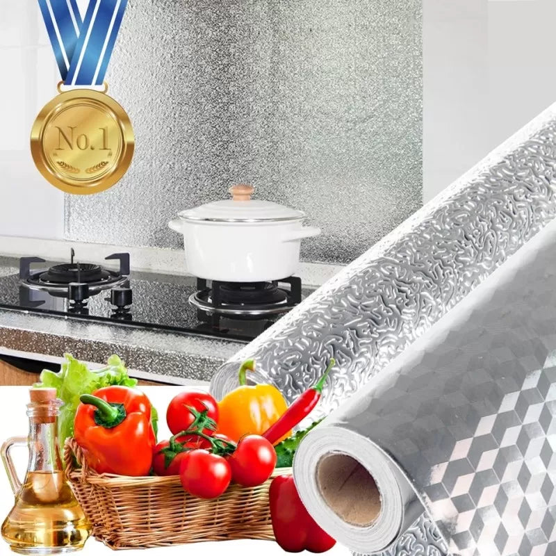 Aluminium Foil Self Adhesive Sticker Roll, Silver color Kitchen Backsplash Wallpaper, Heat Resistant Oil Proof Waterproof Aluminium Sheet DIY Sticker, - Oshi.pk - Buy & Sell Online