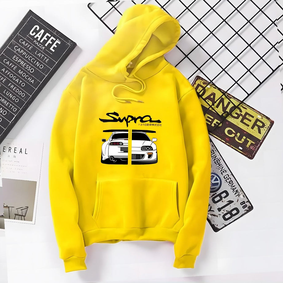 Amazing New SUPRA Car Printed Kangaroo Hoodie In Yellow Pocket Drawstring Pullovers Clothing Long Sleeves Export Quality Winter Wear - Oshi.pk - Buy & Sell Online