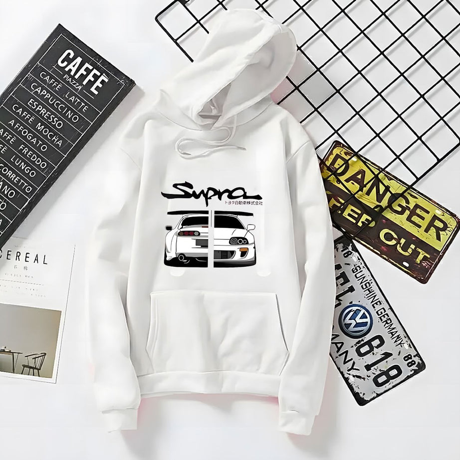 Amazing New SUPRA Car Printed Kangaroo Hoodie In White Pocket Drawstring Pullovers Clothing Long Sleeves Export Quality Winter Wear - Oshi.pk - Buy & Sell Online