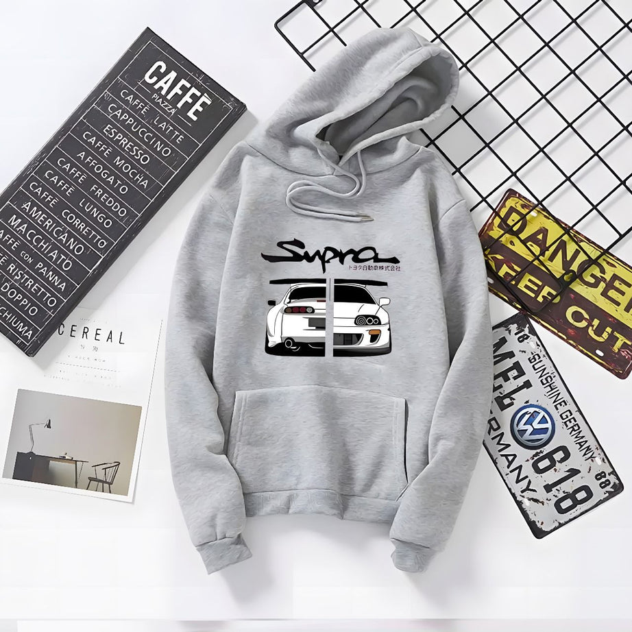 Amazing New SUPRA Car Printed Kangaroo Hoodie In Grey Pocket Drawstring Pullovers Clothing Long Sleeves Export Quality Winter Wear