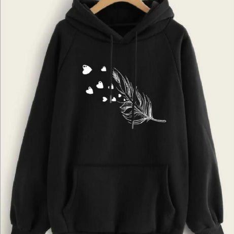 Leaf Printed Fleece Full Sleeves Pull Over Hoodie In Black For Women & Girls - Oshi.pk - Buy & Sell Online