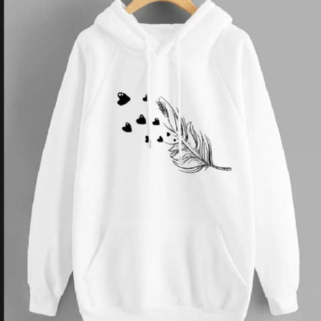 Leaf Printed Fleece Full Sleeves Pull Over Hoodie In White For Women & Girls - Oshi.pk - Buy & Sell Online