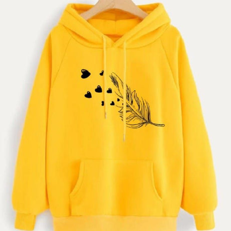 Leaf Printed Fleece Full Sleeves Pull Over Hoodie In Yellow For Women & Girls - Oshi.pk - Buy & Sell Online