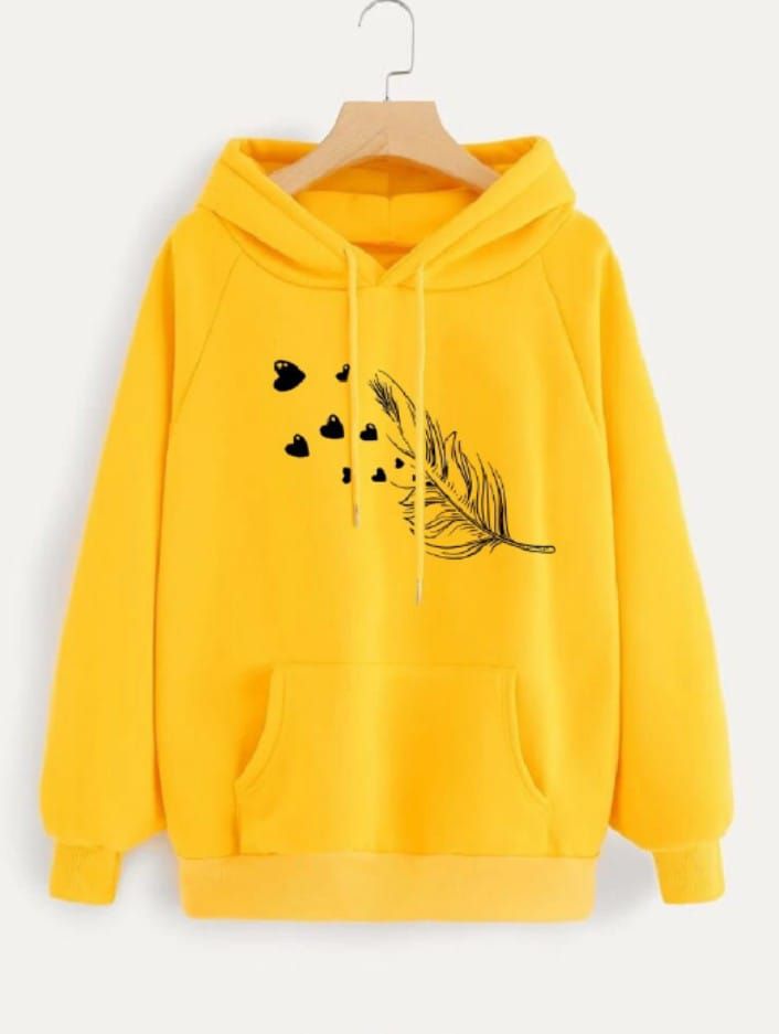 Leaf Printed Fleece Full Sleeves Pull Over Hoodie In Yellow For Women & Girls - Oshi.pk - Buy & Sell Online