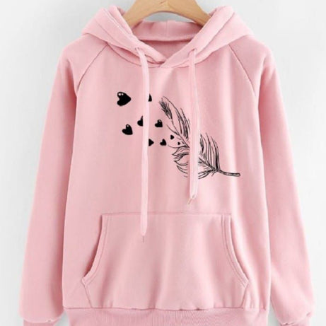 Leaf Printed Fleece Full Sleeves Pull Over Hoodie In Pink For Women & Girls - Oshi.pk - Buy & Sell Online