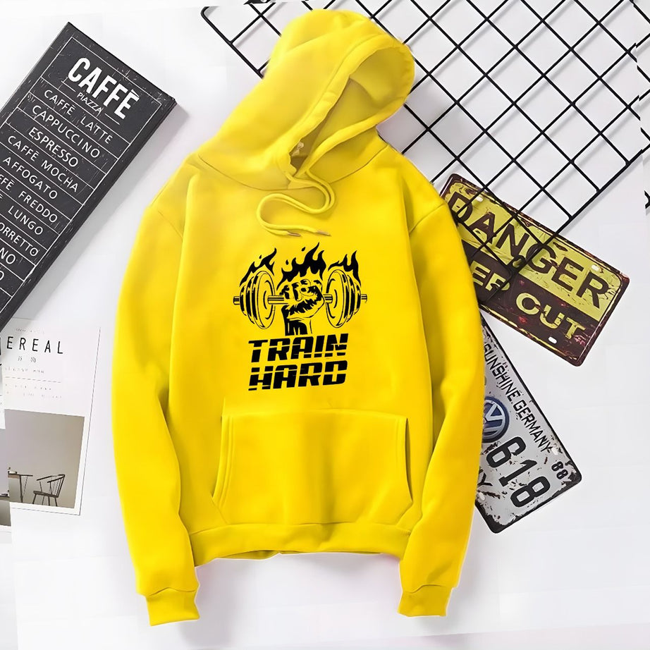 Amazing New Train Hard Printed Kangaroo Hoodie In Yellow Pocket Drawstring Pullovers Clothing Long Sleeves Export Quality Winter Wear - Oshi.pk - Buy & Sell Online