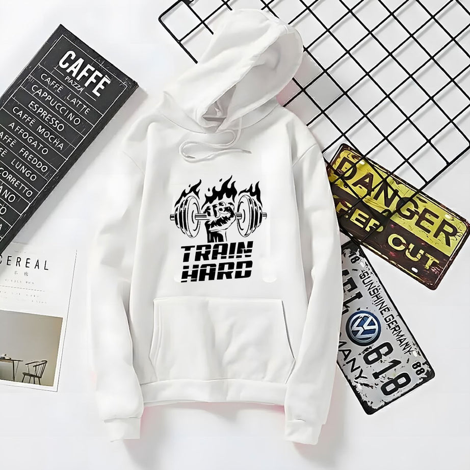 Amazing New Train Hard Printed Kangaroo Hoodie In White Pocket Drawstring Pullovers Clothing Long Sleeves Export Quality Winter Wear