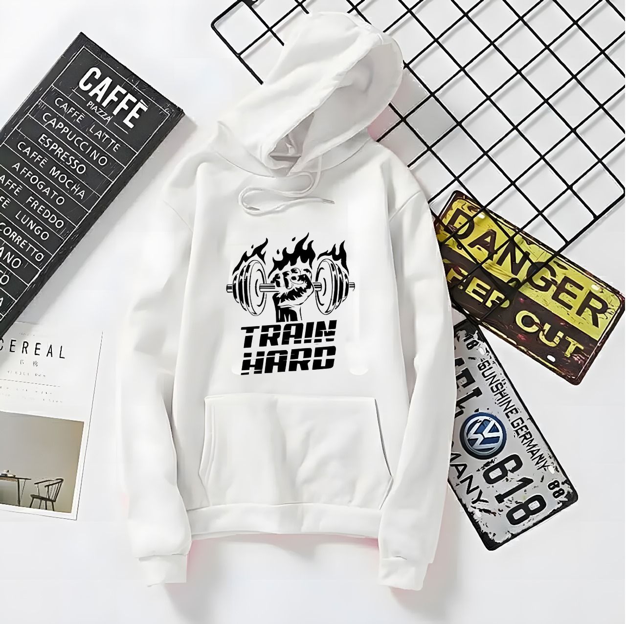 Amazing New Train Hard Printed Kangaroo Hoodie In White Pocket Drawstring Pullovers Clothing Long Sleeves Export Quality Winter Wear - Oshi.pk - Buy & Sell Online