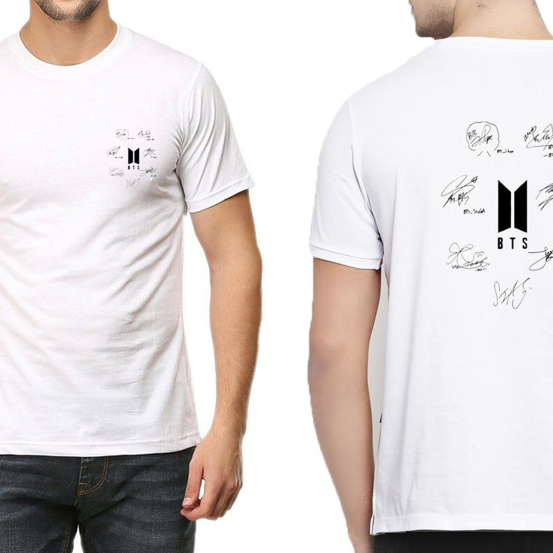 Amazing Summer Collection Smart Fit Trendy Signature Bts Front Back Printed For BTS Fan n Lovers Half Sleeves Bts member sign White Shirt For Men - Oshi.pk - Buy & Sell Online