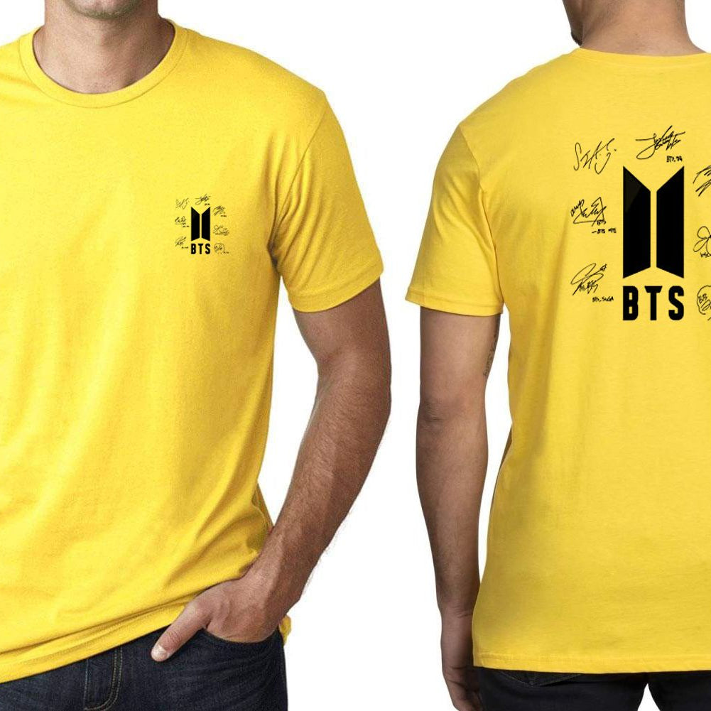 Amazing Summer Collection Smart Fit Trendy Signature Bts Front Back Printed For BTS Fan n Lovers Half Sleeves Bts member sign Yellow Shirt For Men - Oshi.pk - Buy & Sell Online
