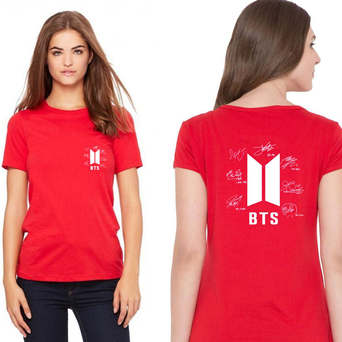 Amazing Summer New Collection BTS Signature all seven members tag printed Red T shirt Front Back Sign Printed - Oshi.pk - Buy & Sell Online