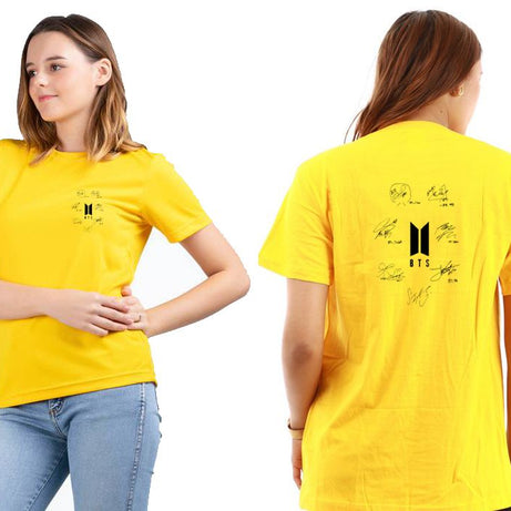 Amazing Summer New Collection BTS Signature all seven members tag printed Yellow T shirt Front Back Sign Printed - Oshi.pk - Buy & Sell Online