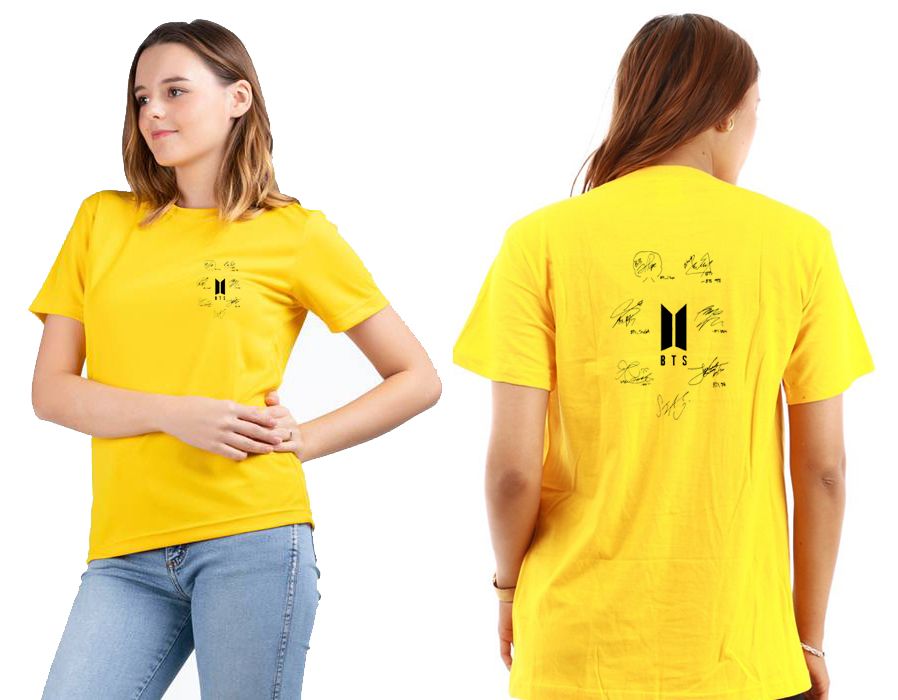 Amazing Summer New Collection BTS Signature all seven members tag printed Yellow T shirt Front Back Sign Printed - Oshi.pk - Buy & Sell Online