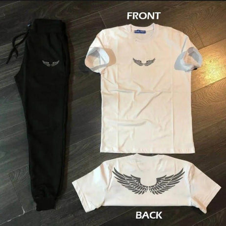 Angel Silver WIngs Printed Cotton Half Sleeves O Neck Black Trouser & Peach T shirt