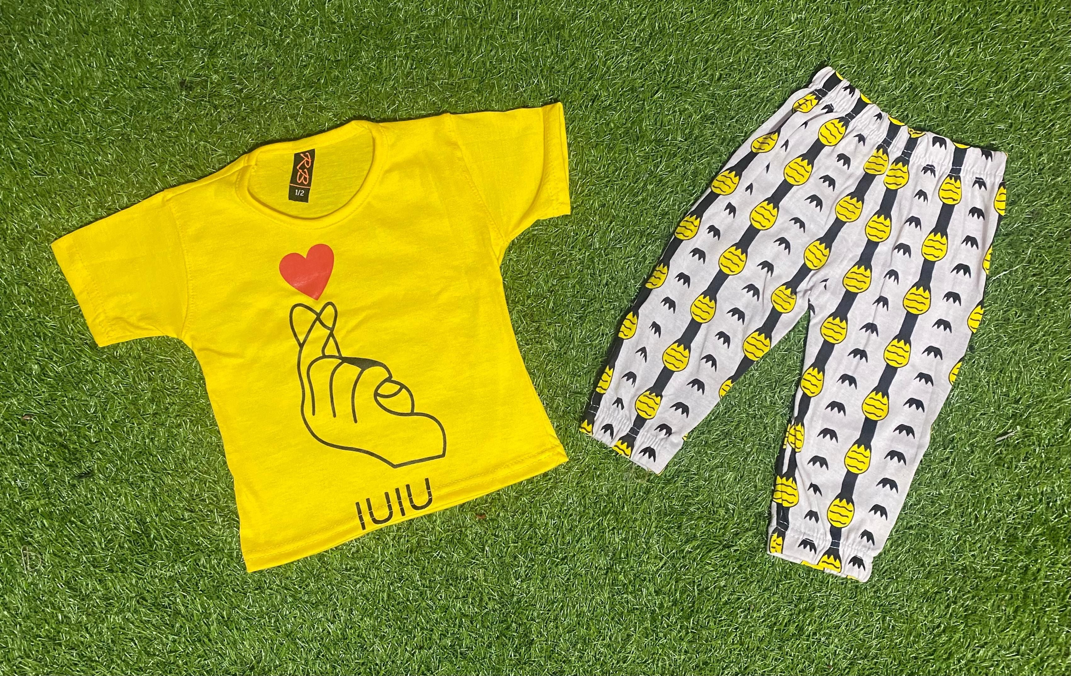 Baby Or Baba Yellow Hand Print Half Sleeves T-shirt With Pineapple Printed Pajama Night Suit for Kids (1 Pcs) - Oshi.pk - Buy & Sell Online