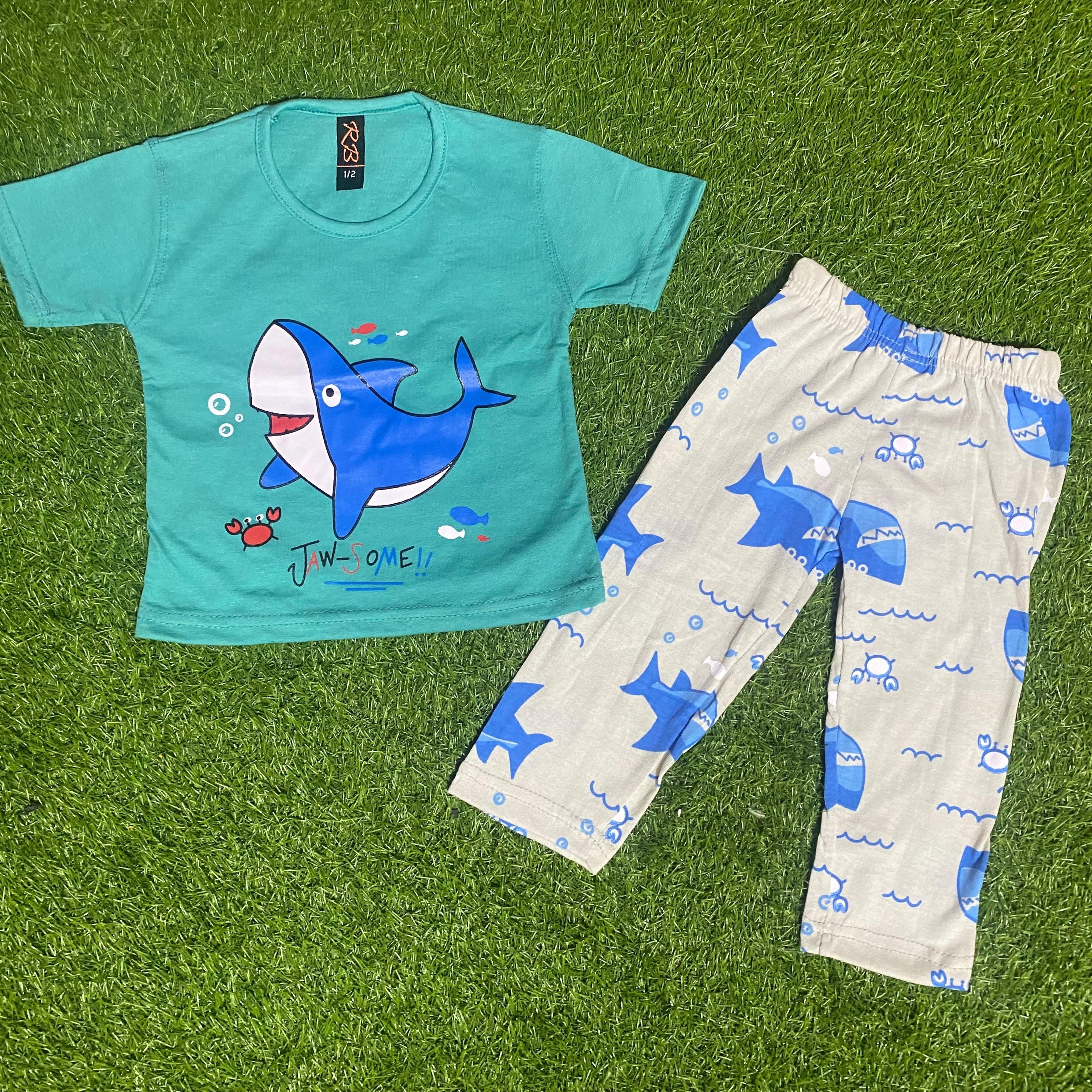 Baby Or Baba Green Shark Print Half Sleeves T-shirt With Printed Pajama Night Suit for Kids - Oshi.pk - Buy & Sell Online