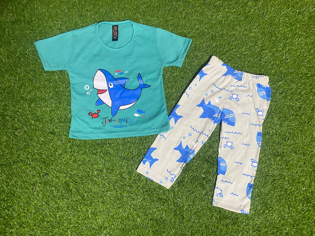 Baby Or Baba Green Shark Print Half Sleeves T-shirt With Printed Pajama Night Suit for Kids - Oshi.pk - Buy & Sell Online