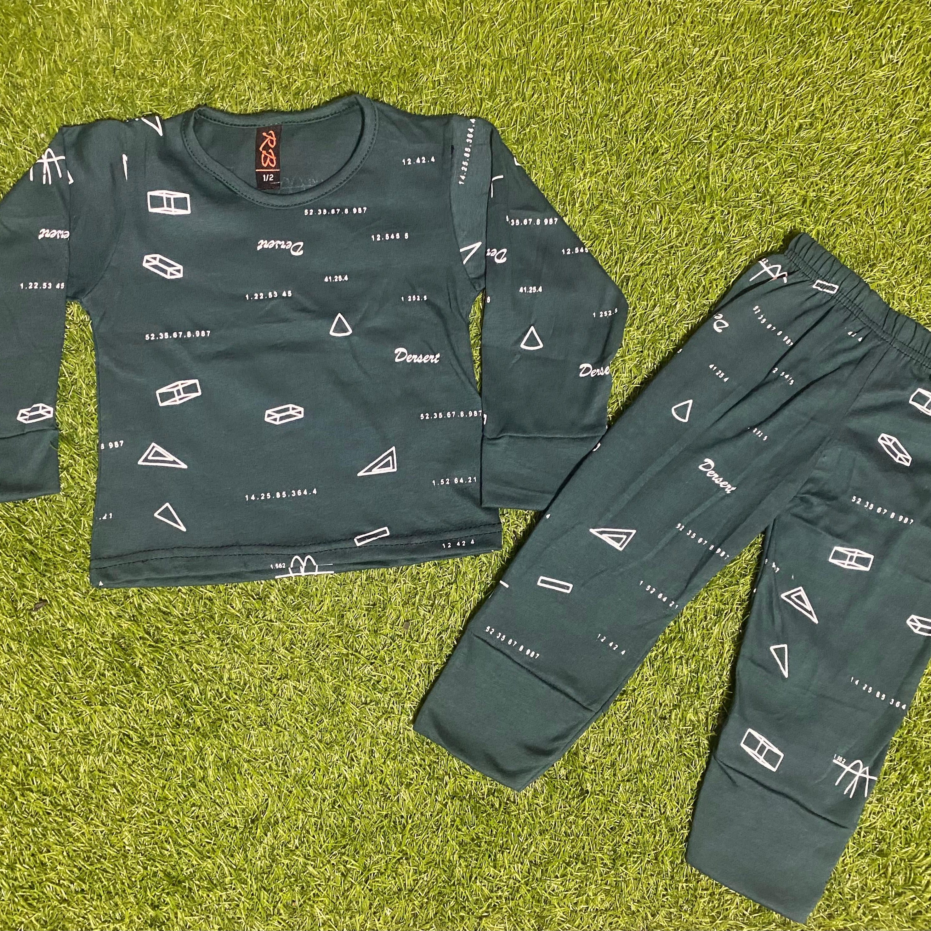 Baby Or Baba Dark Green Printed Full Sleeves T-shirt With Printed Pajama Night Suit for Kids (1 Pcs) - Oshi.pk - Buy & Sell Online