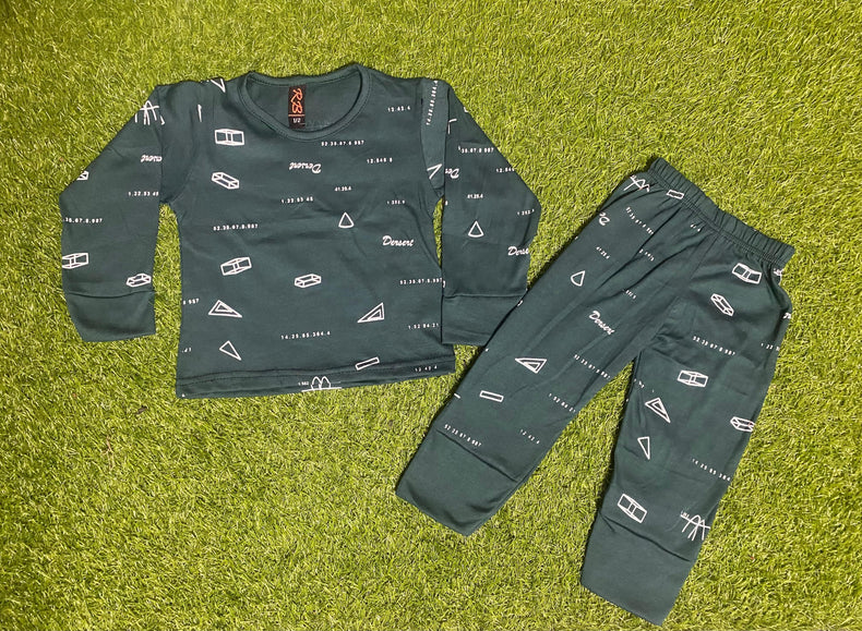 Baby Or Baba Dark Green Printed Full Sleeves T-shirt With Printed Pajama Night Suit for Kids (1 Pcs) - Oshi.pk - Buy & Sell Online