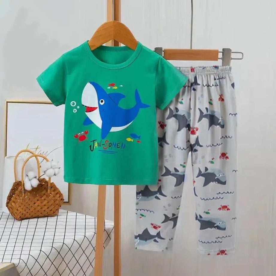 Baby Or Baba Green Shark Print Half Sleeves T-shirt With Printed Pajama Night Suit for Kids - Oshi.pk - Buy & Sell Online