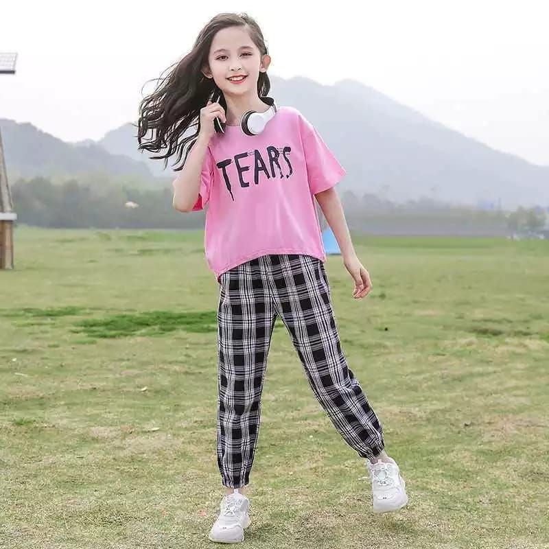 Baby Pink Tears Print Half Sleeves T-shirt With Check Printed Pajama Night Suit for Kids - 1 Pcs - Oshi.pk - Buy & Sell Online