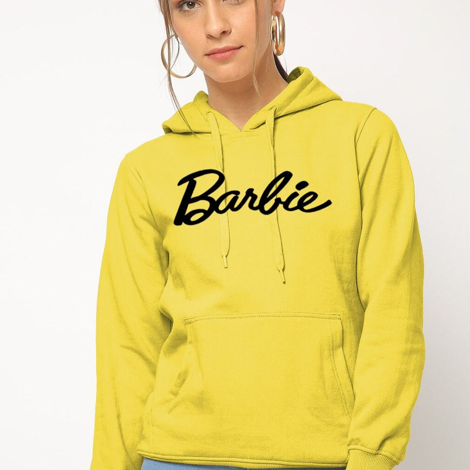 Barbie Printed Yellow Hoodie For Women In Export Quality Fabric Guaranteed